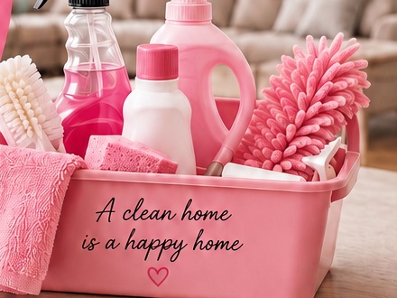A pink cleaning caddy full of supplies, labeled 'A clean home is a happy home'